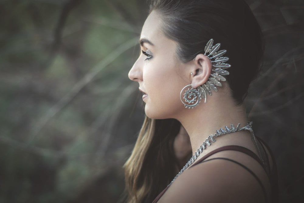 Boho Silver Feather Ear Cuff with Spiral Earrings