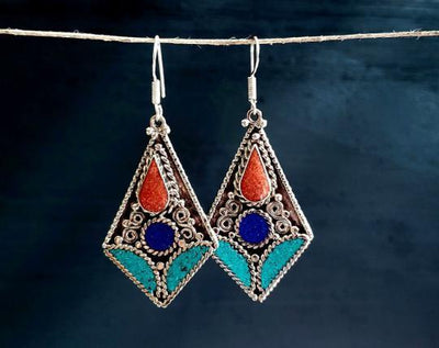 Ethnic Tibetan Turquoise Mosaic Diamond Earrings. -- Culture Cross