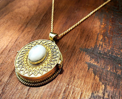 Large Gold Moonstone Locket Necklace -- Culture Cross