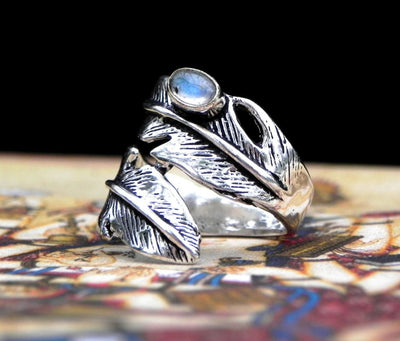 Moonstone Feather Ring -- Culture Cross