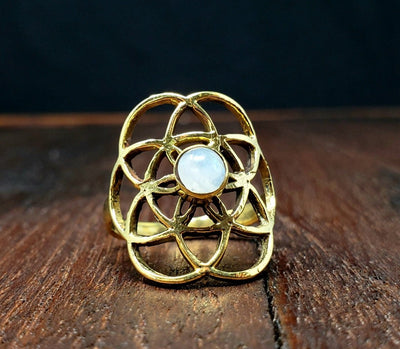 Moonstone Seed of Life Ring -- Culture Cross