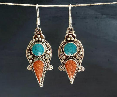 Tibetan Turquoise and Coral Dagger Earrings -- Culture Cross