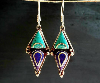 Tibetan Turquoise Lapis Dagger Earrings -- Culture Cross