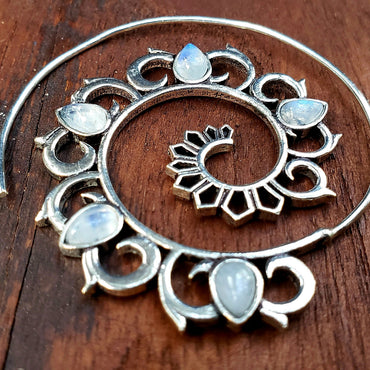 Silver Mandala Rainbow Moonstone Gypsy Tribal Unique Unusual Earrings