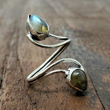 Gold Labradorite Vortex Ring Adjustable Tribal Crystal Gemstone Goddess Jewelry