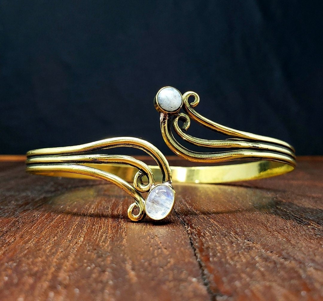 Gold Wave Moonstone Arm Cuff Brass Swirl Festival Boho Jewelry