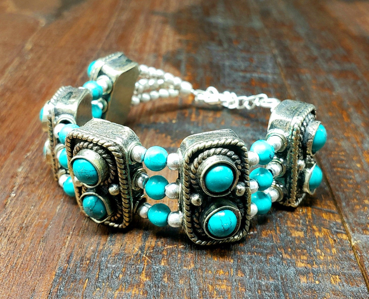 Vintage Navajo Heavy Sterling Silver Turquoise Row Bracelet - Yourgreatfinds