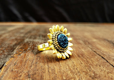 Gold Blue Druzy Crystal Adjustable Flower Ring -- Culture Cross