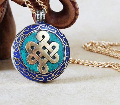 Gold Endless Knot Tibetan Necklace -- Culture Cross