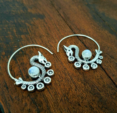 Moonstone Dancing Dragon Earrings -- Culture Cross