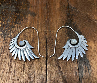 Moonstone Wing Feather Earrings -- Culture Cross