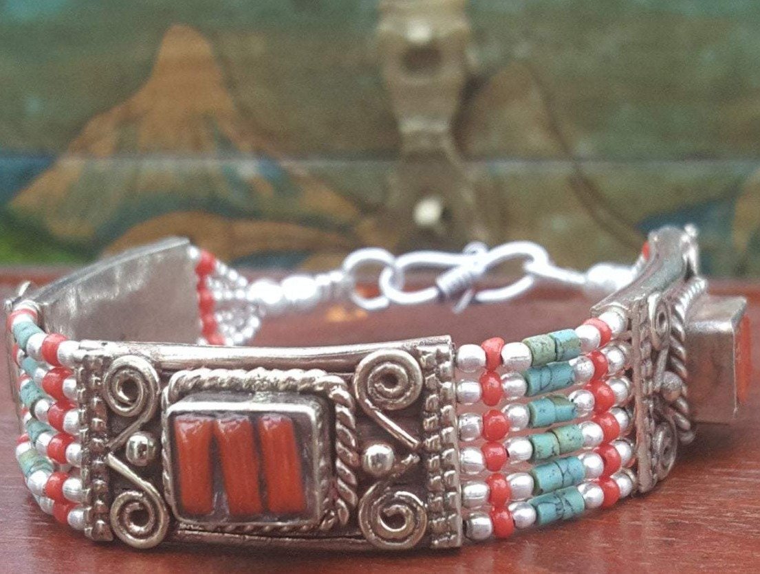 Tibetan Bracelet) Handmade Charm Made Of 925 Silver Turquoise Stone