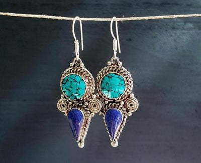 Tibetan Turquoise Lapis Dagger Earrings -- Culture Cross