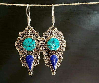 Tibetan Turquoise Lapis Earrings -- Culture Cross