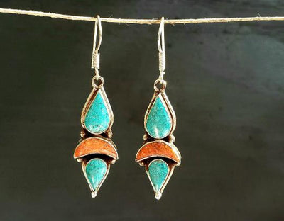 Turquoise Tibetan Earrings -- Culture Cross